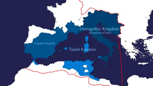Theodoric's empire at its peak in 523: blue for direct rule, light blue for regions under his hegemony.