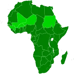 An orthographic projection of the world, highlighting the African Union and its member states (green).
