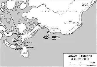 A black and white map of the Arawe area depicting the 112th Cavalry Regiment's landing on 15 December 1943 as described in the article