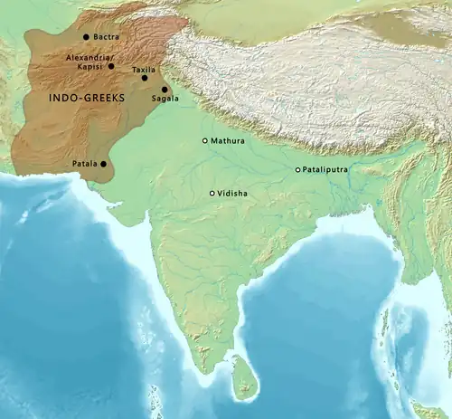 Extent of the kingdom (note: possible conquests of Menander I in Gangetic plains are not depicted)
