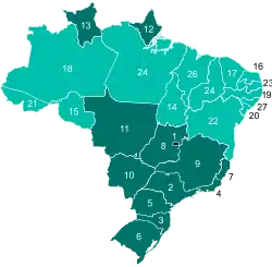 Map of Brazil displaying its first-level administrative divisions (Federative units) according to the category of their Human Development Index.