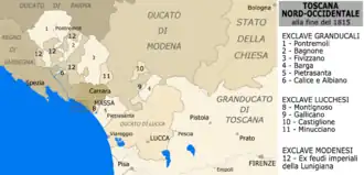 The intricate southern border area of the Duchy at the end of 1815, following the acquisition of the former imperial fiefdoms of Lunigiana.