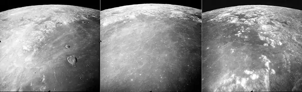 These are three views of northern Mare Crisium on the Moon, taken by the mapping camera of the Apollo 17 mission in 1972, facing north-northeast from an average altitude of 118 km on Revolution 27 of the mission. At the right is the east margin of Mare Crisium, with the north tip of Promontorium Agarum visible in the foreground, and Mare Anguis near the central horizon. The crater Eimmart is visible in both the right and central photos as a bright patch (near the top in each). The center photo shows an obvious lack of large craters in the mare indicating a relatively young age of the basalt, and the crater Eimmart C is visible as a ring at the edge of the mare near the top center. The left photo shows the western margin of the mare, with the crater Peirce (larger) and Swift (smaller) in the mare, and the large crater Cleomedes near the central horizon. The rays of the crater Proclus (further to the west, not shown) are prominent in the mare. These photos were taken within minutes of each other. The sun elevation drops from 60 degrees at right to 46 degrees at left as the Command Module America orbited the Moon.