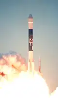 Launch photo of Mars Polar Lander being lifted into space by a Delta II launch vehicle