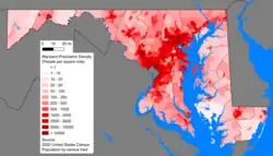 Image 6Maryland population distribution map; Maryland's population is concentrated mostly in the Washington–Baltimore combined statistical area. (from Maryland)