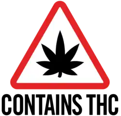 A symbol featuring a black cannabis leaf inside a red rounded triangle outline with "Contains THC" in black lettering below