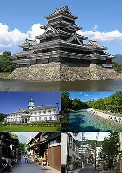 From top (left to right): Matsumoto Castle, A heritage building of Kaichi School, A view of Kamikōchi, Mount Yake and Azusa River, Nawate souvenir shopping street, A street view of Asama Spa.