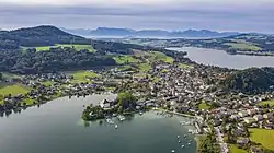 View from the lake: castle and church