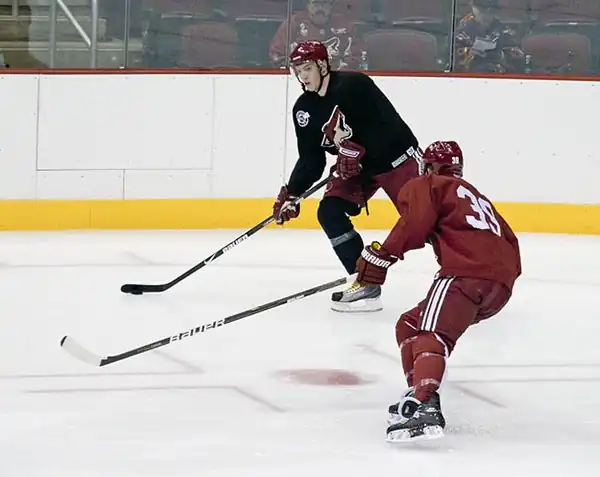 Maxim Goncharov handles the puck as Brett MacLean closes (5006820529).jpg