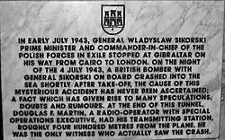 Memorial plaque dedicated to Sikorski located at the end of the Great Siege Tunnels in Gibraltar