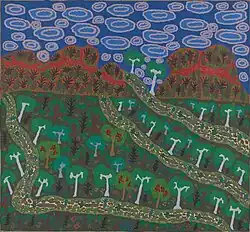 An acrylic painting showing a stylised blue sky with clouds, red hills, and trees and other vegetation interspersed by waterbeds