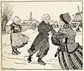 Black and white illustration of the people icce skating, two of which are young