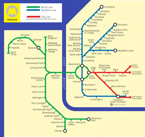 A not-to-scale map of Merseyside showing the Wirral line (green), the Northern line (blue) and the City line (red)