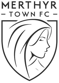 The words "Merthyr Town FC" are in the top of a pennant, with an illustration of Tydfil is at the bottom