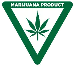 A green symbol of an inverted triangle outline with a cannabis leaf inside, the words "Marijuana Product" are written in white inside the top outline of the triangle