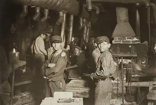 Image 13 National Child Labor Committee Photo credit: Lewis Wickes Hine; restored by Michel Vuijlsteke A 1908 photo of child laborers in a glass factory in Indiana, United States, taken by Lewis Hine for the National Child Labor Committee, which formed after the 1900 census revealed that about 1 in 6 children between the ages of five and ten were gainfully employed. Hine's photos of children working in industrial settings resulted in a wave of popular support for federal child labor regulations put forward by the NCLC. More selected pictures