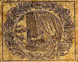 Title page of a book with a drawing of a hand writing a motto; a curtain hides the body of the writer.