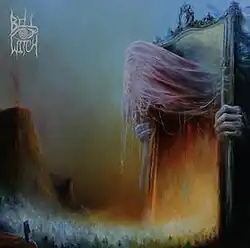 A surreal oil painting depicting a massive entity thrusting its head through a fabric-veiled mirror frame