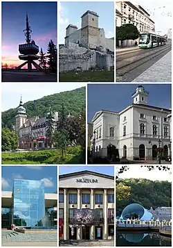 Clockwise from the top left corner: Avas TV Tower, Castle of Diósgyőr, Széchenyi Street, National Theatre of Miskolc, Cave Bath, Ottó Herman Museum, University of Miskolc, Palace Hotel of Lillafüred