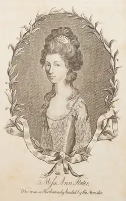 Engraving showing Anne Porter; she wears a Georgian dress and her hair is styled up on top of her head