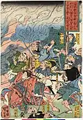 Miyamoto Musashi (centre), surrounded by smoke, bursting out of the bath-house, to the consternation of Shirakura Gengoemon (left), his wife, and his followers, who had intended to boil him alive there, by Utagawa Kuniyoshi, mid 19th century