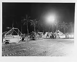 Momote Airfield with Seabees working at night in 1944. CB 40 worked day and night on the Los Negros Momote Airfield.