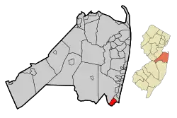 Location of Brielle in Monmouth County highlighted in red (left). Inset map: Location of Monmouth County in New Jersey highlighted in orange (right).
