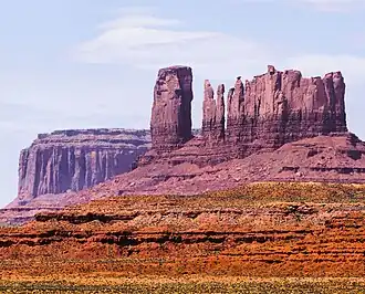 Northeast aspect of Castle Rock (centered) and Stagecoach (right).