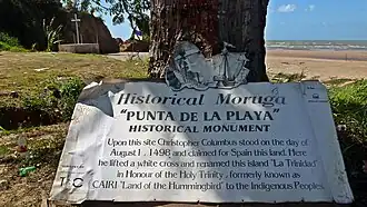 Moruga - Columbus historical monument. Columbus landed here on his third voyage in 1498. This is on the southern coast of the island of Trinidad, West Indies. the sea in the background is named the Columbus channel. it separates the island of Trinidad from Venezuela