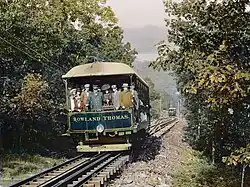 The Rowland Thomas funicular car ascends Mount Tom, as the Elizur Holyoke makes its descent in the background, c. 1912