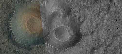 Close view of mud volcanoes, as seen by HiRISE. Low area around the volcanoes contains transverse aeolian ridges (TAR's). Only part of picture is in color because HiRISE only takes a color strip in middle of image.