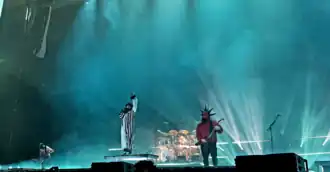Mudvayne performing at the Aftershock Festival in 2021. Left to right: Ryan Martinie, Chad Gray, Matthew McDonough, Greg Tribbett