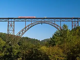 Steel arch bridge seen over treetops, with a two-car diesel multiple unit train crossing it