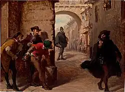A painting depicting Juan de Escobedo walking down an allway, presumably to his death
