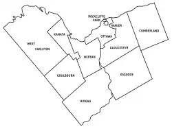 Municipal boundaries of the former Regional Municipality of Ottawa-Carleton.