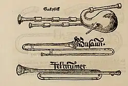 Virdung illustrated (1511 A.D.) bent trumpets including felttrumet (field trumpet) and busaun (sackbut).