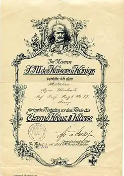 Certificate of award to a musketeer in the Royal Prussian Landwehr, October 1918