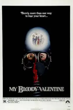 Blending with a black background, a man wears a miners gas mask stained with blood. Imposed on his headlight depicts couples at a Valentine's Day party. the film's tagline reads. "There's more than one way to loose your heart..."