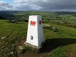 The Welsh Dragon on a trig point at Twyn y Gaer hill fort, Mynydd Illtud