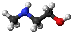 Ball-and-stick model of the N-methylethanolamine molecule