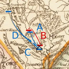 Caswell moves south from Corbett's ferry to Moore's Creek. Lillington and Ashe move south-southeast from Cross Creek to Moore's Creek along the Cape Fear River. Moore follows Lillington and Ashe but does not reach Moore's Creek.