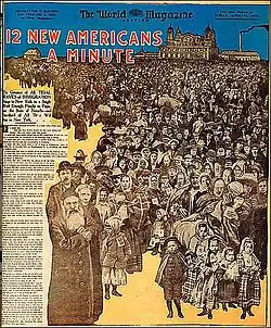 Image 33The Sunday magazine of the New York World appealed to immigrants with this April 29, 1906 cover page celebrating their arrival at Ellis Island. (from History of New York City (1898–1945))