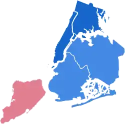 A map showing the results by borough for the 1976 US presidential election in New York City.