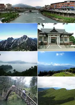 Top:Shuili Water Creek in Shuili Township, 2nd left:Mount Yu, 2nd right:Nantou County Museum of History in Nantou City, 3rd left:View of Sun Moon Lake, from Xuanzang Temple in Yuchi Township, 3rd right:Evergreen Glassland in Renci Township, Bottom left:Tou George Pond in Taiwan Educational University of Nature, Bottom right:Mount Hehuan