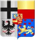 Arms of William VI of Orange as prince of Orange-Nassau-Fulda. The bottom most shield shows clockwise from top left the principality of Fulda, the lordship of Corvey, the county of Weingarten, and the lordship of Dortmund.[56]