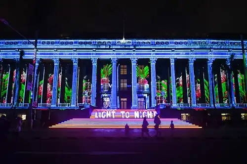 Illuminated City Hall Wing façade during Light to Night Festival 2023.