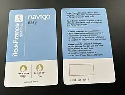Front and reverse of two contactless smart cards. They are decorated with the Olympic and Paralympic logos at the bottom and include information useful for travellers on the reverse.