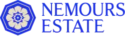 Consists of a light gray flower surrounded by a blue octagon and reading "Nemours Estate" in blue