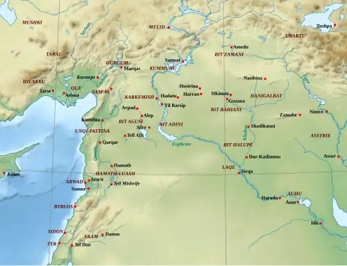 Bit Adini shown in the center along the Euphrates