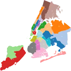 A map of the election districts in New York City with several districts in each borough